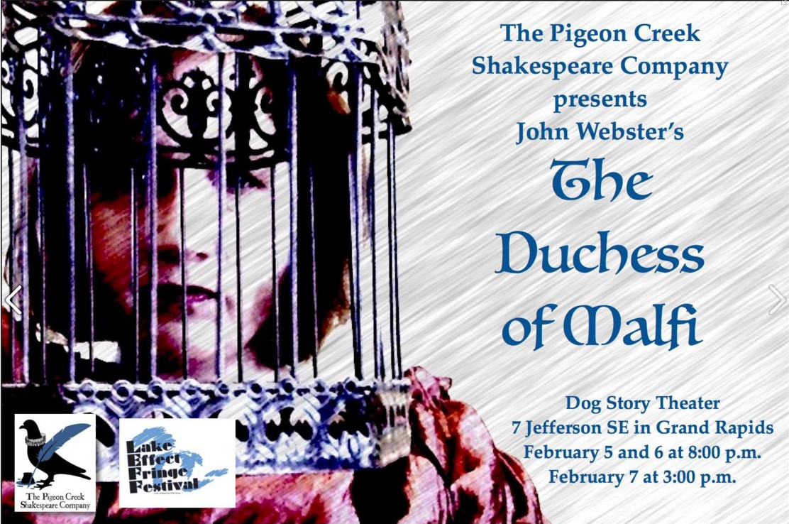 Show poster. We wanted to work with the image of "a lark in a cage," as there are caged-bird images all through the text. Weirdly, the shapes in the cage and the shadows on Katherine's face wound up looking a lot like the iron gate on the cover of our edition of the play--this was not planned.