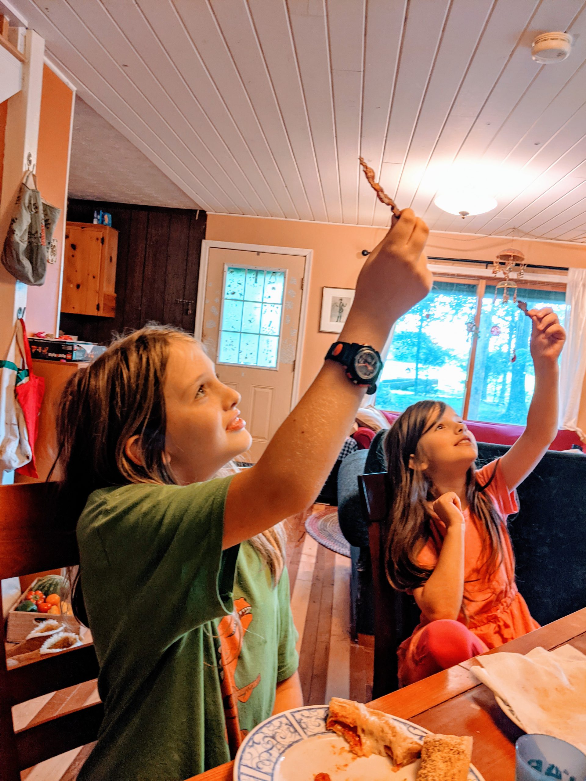Two children at a table, holding strips of bacon up to the light.