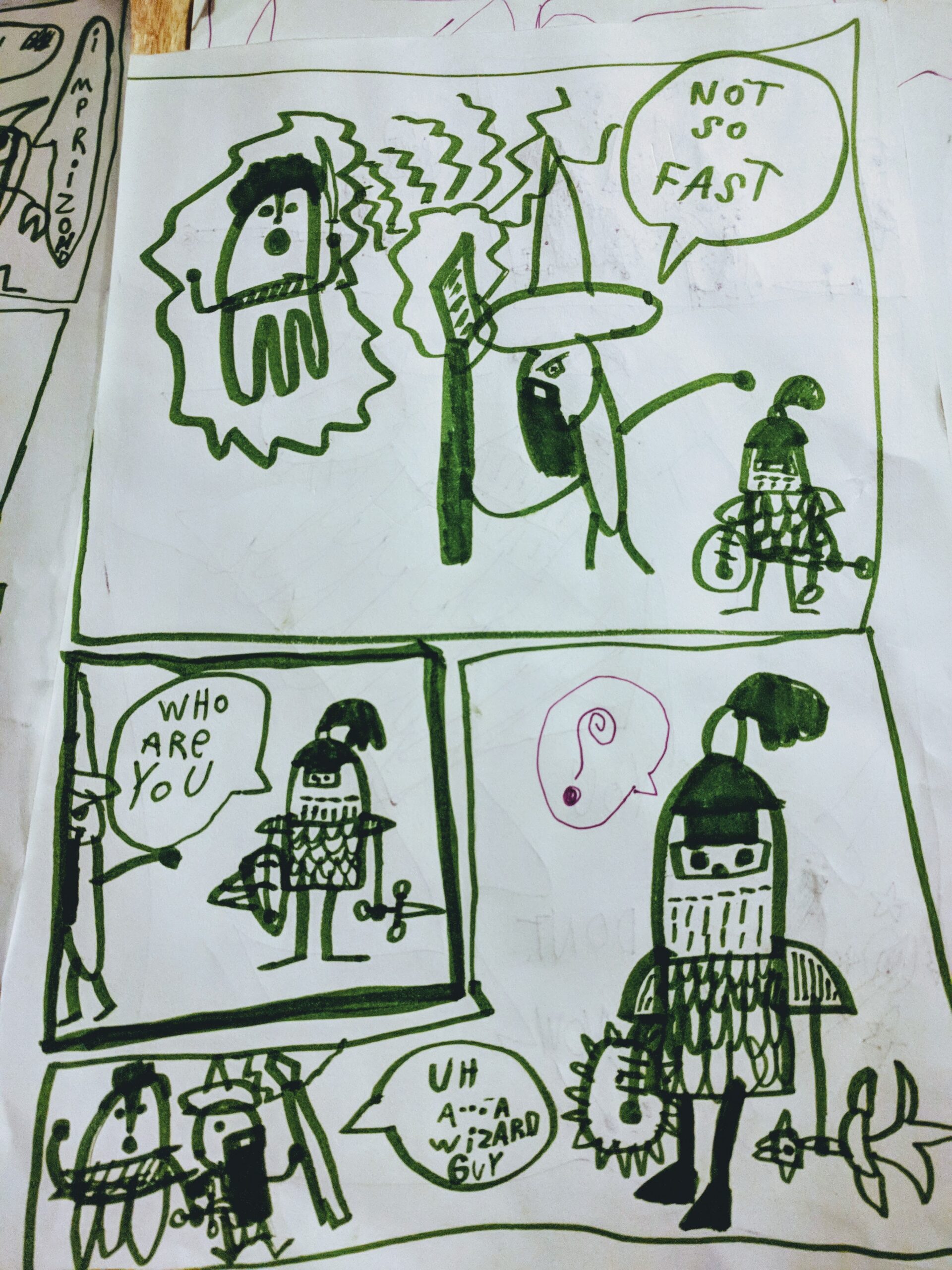 Cartoon by Silas: someone trapped in a magic spell. Disrupted by a knight: "Not so fast!" "Who are you?" "Uh...a wizard guy"