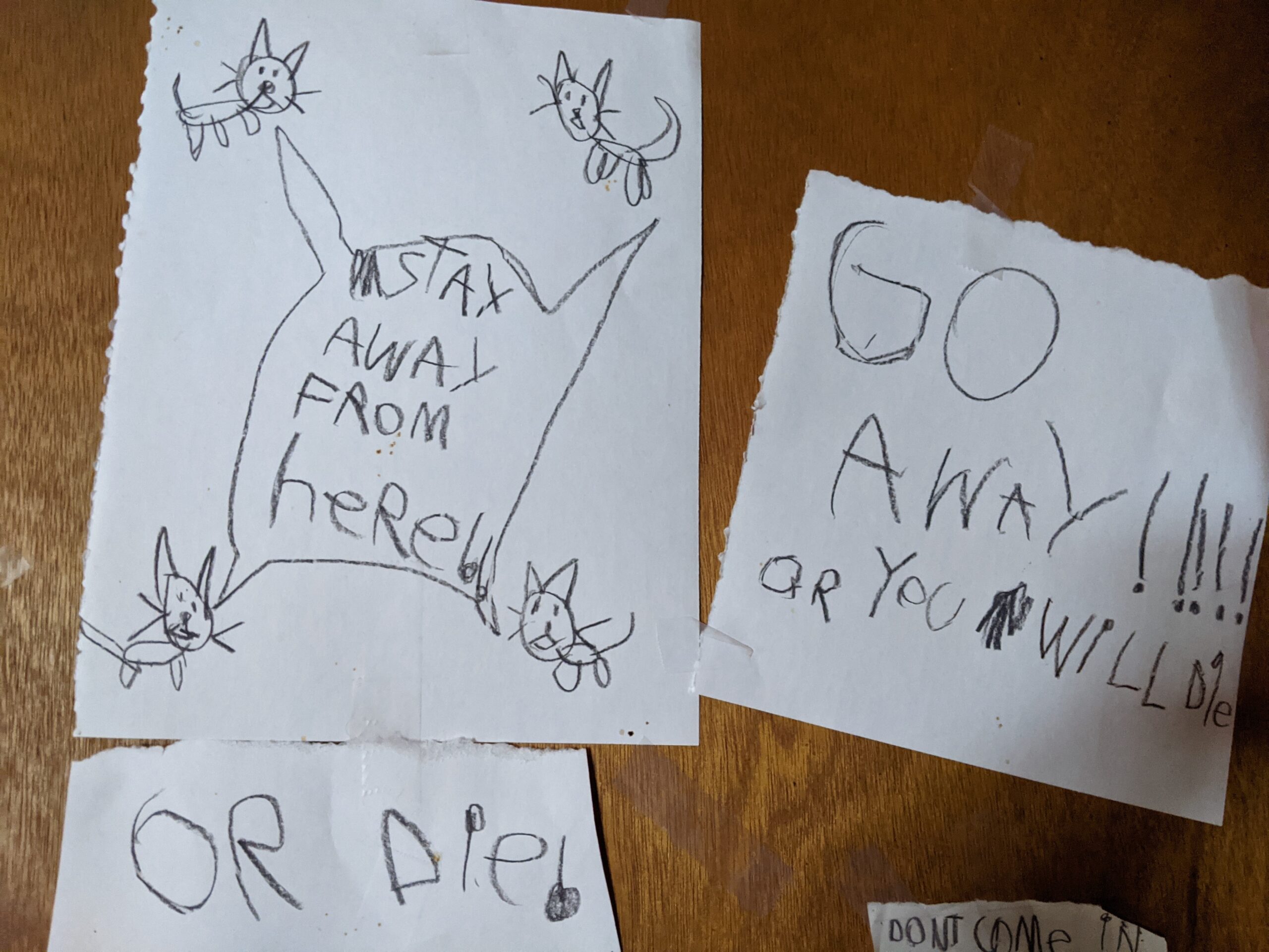 Notes on Petra's door: "Stay away from here!" "Go away!!!! or you will die!"