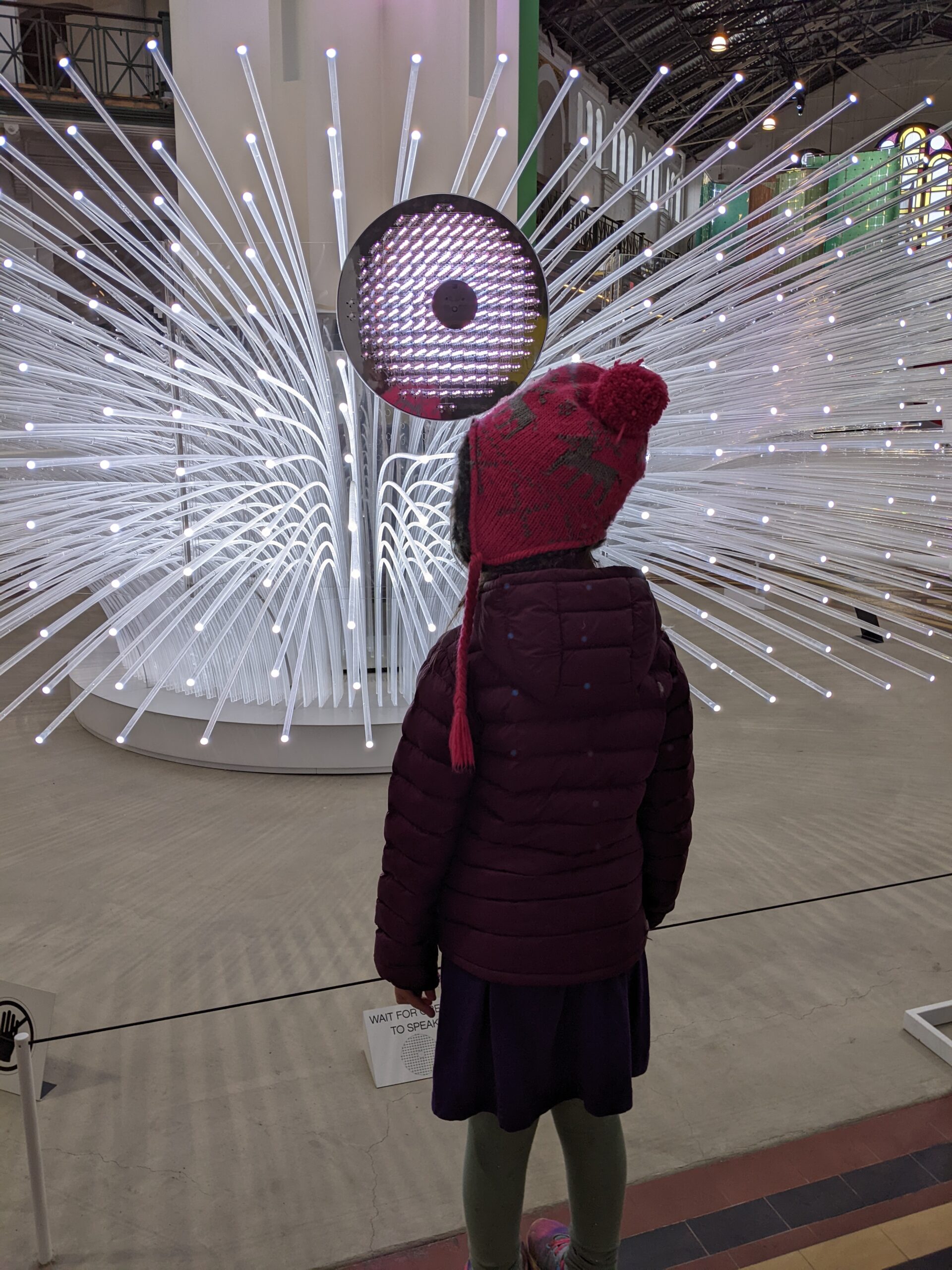 Petra stands in front of a tentacle-ish sculpture of fiber optic tubes