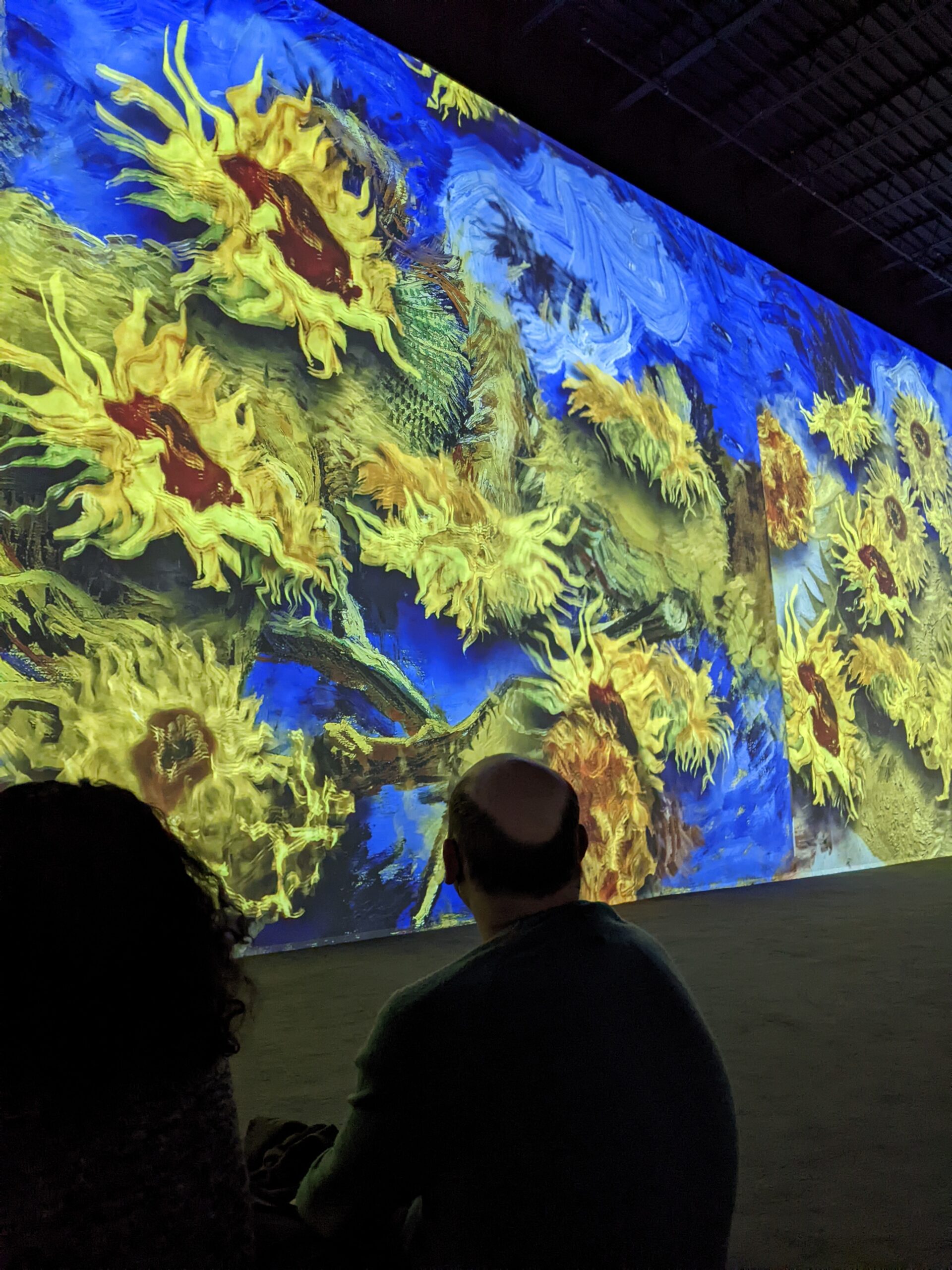 People looking at a projection of Van Gogh sunflowers