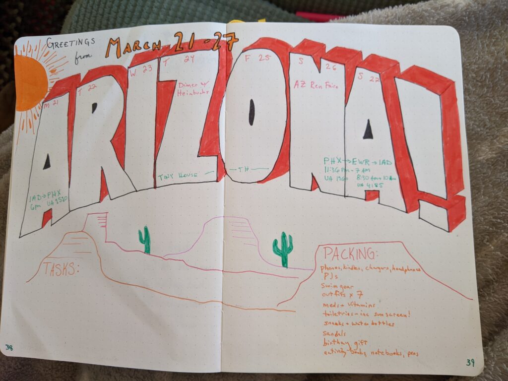 A bullet journal weekly spread with the word ARIZONA really big and a desert scene.