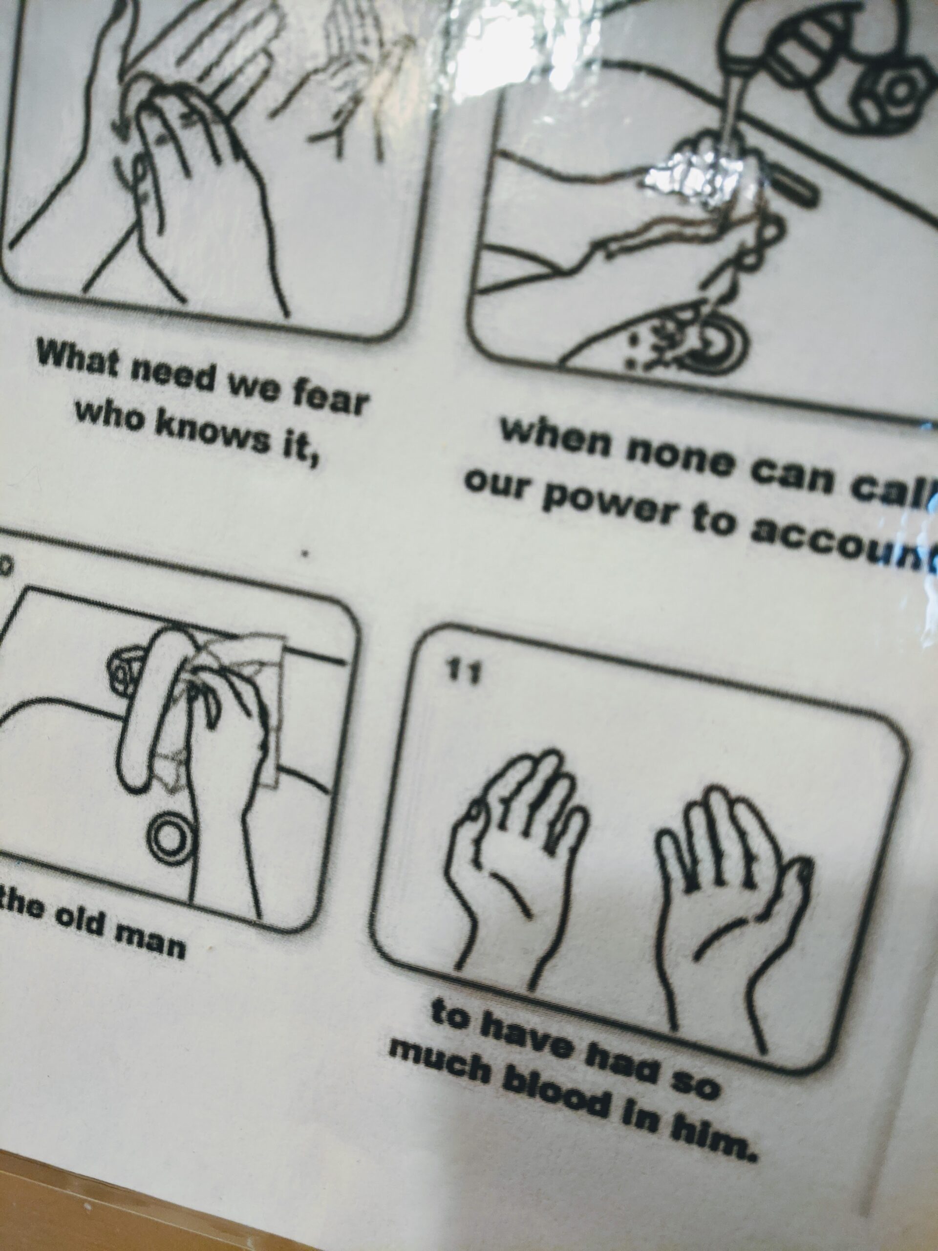 A handwashing instructions poster, with lines from Lady M's "out damned spot" monologue accompanying them.