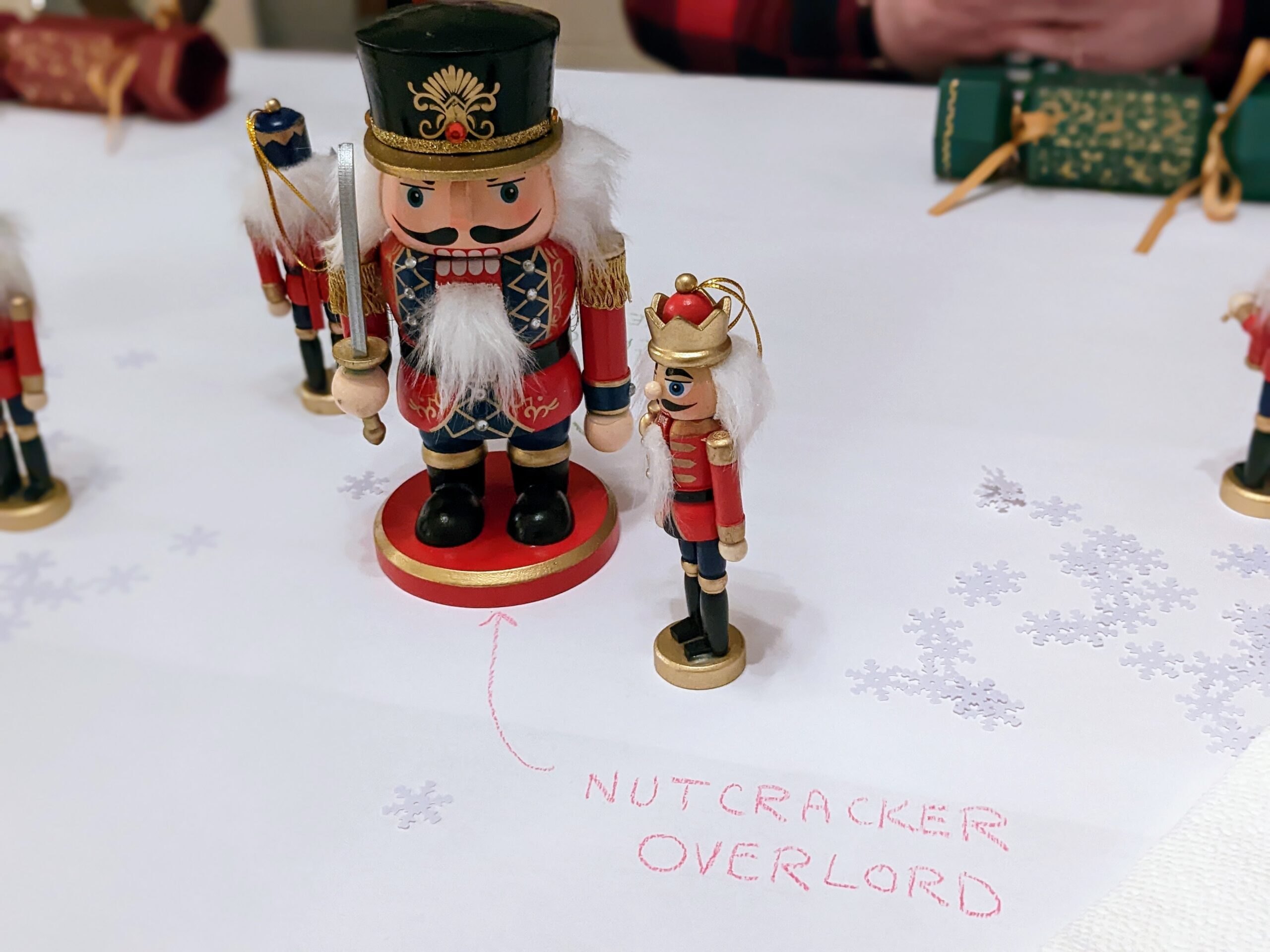 A big nutcracker and small one on a table, with the words "Nutcracker overlord" written on the tablecloth
