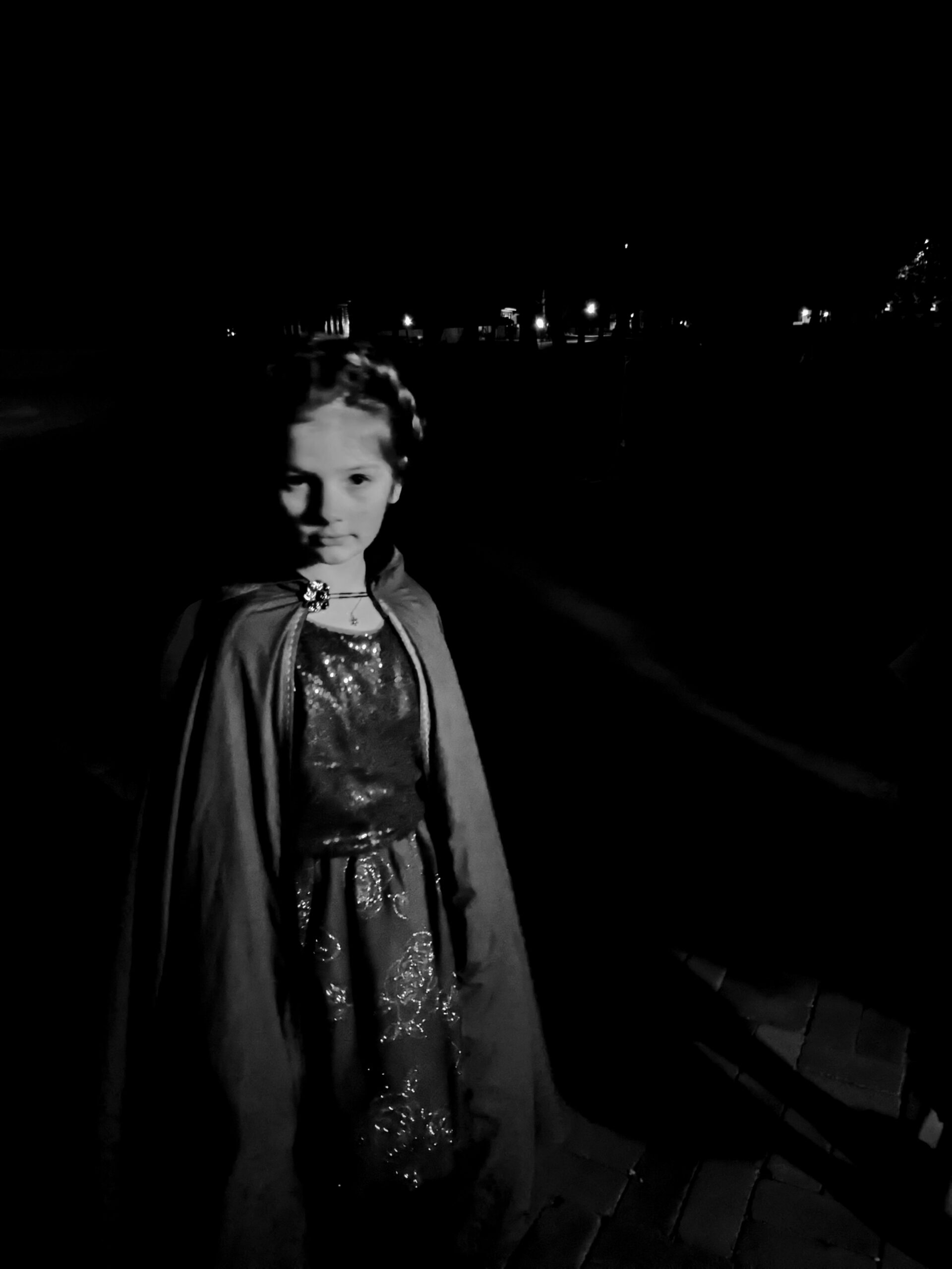 B&W of Petra, Wearing a cloak and sparkly dress