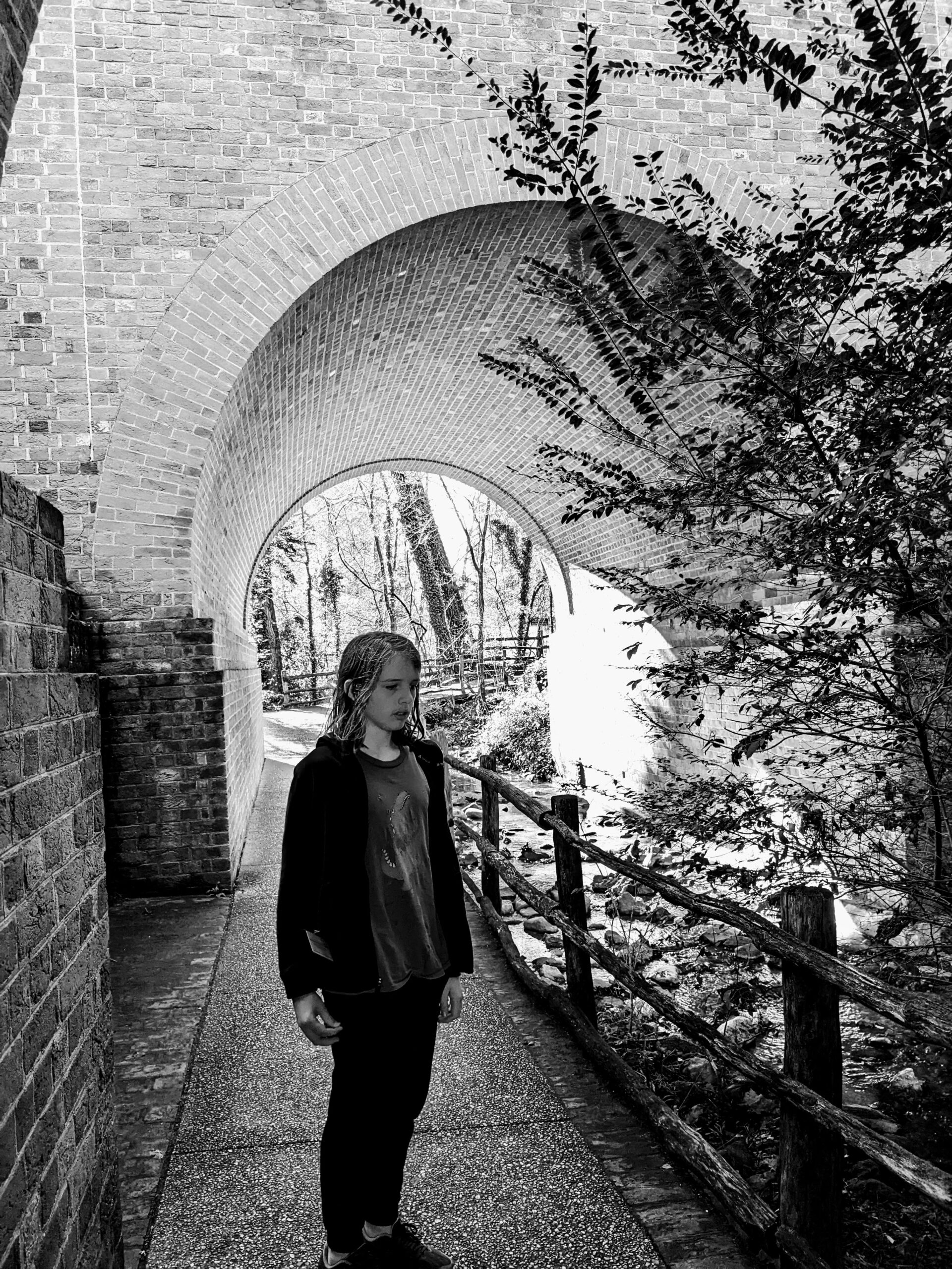 B&W of Silas in the tunnel